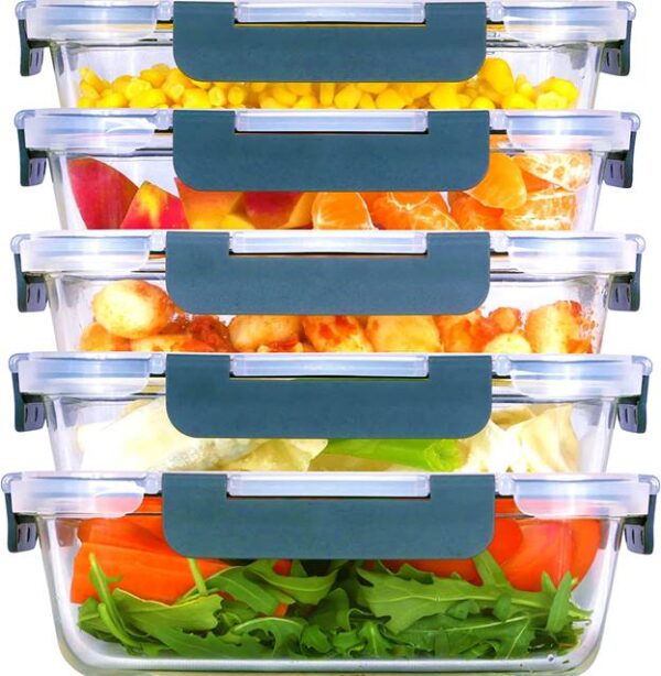 Glass Meal Prep Containers: 5 Pack, 30 Oz with Airtight, Leakproof Snap Locking Lids, Perfect for Food Storage, Lunch & Portion Control, BPA-Free, Microwave, Oven, Freezer & Dishwasher Safe