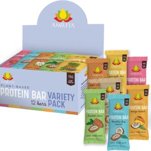 AMRITA Variety Pack Vegan Protein Bars, Vegan Protein Bars | Peanut Free, Soy & Gluten Free Sampler Pack | High Fiber Meal Replacement Bar, Healthy Snacks | Paleo Snack, Dairy Free, Plant Based Energy Bars | No Sugar Alcohol