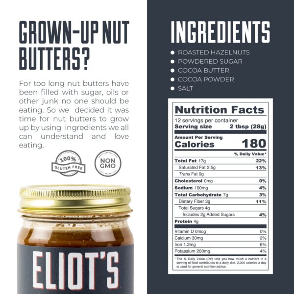 Eliot's Nut Butters Natural Chocolate Hazelnut Spread, Low Sugar 1g per Serving, Low Carb, Keto Friendly, Oregon Hazelnut Chocolate, 12 Ounce