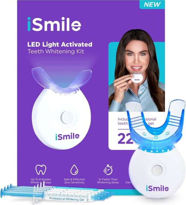 iSmile Teeth Whitening Kit - LED Light, 35% Carbamide Peroxide, (3) 3ml Gel Syringes, (1) Remineralization Gel, and Tray