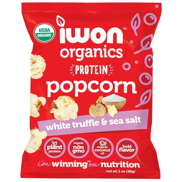 IWON Organics Protein Popcorn, White Truffle & Sea Salt Flavor, Organic Healthy Snacks, 1 Oz Bags