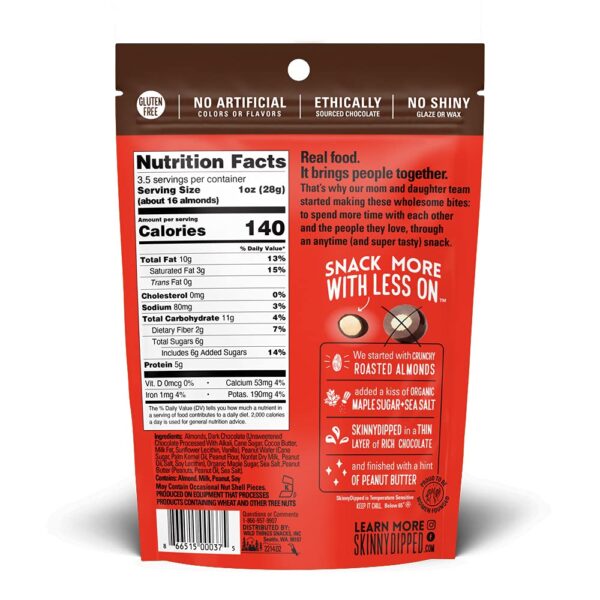 SKINNYDIPPED Dark Chocolate Peanut Butter Covered Almonds, 3.5 Ounce Resealable Bag
