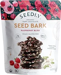 SEEDLY Raspberry Bliss Dark Chocolate Seed Bark, Whole Organic Ingredients, Plant Based Protein, Low Sugar, Low Carb Snack, Keto, Paleo, Vegan, Gluten Free, Dairy Free, Peanut Free, Nut Free, Soy Free, Kosher Pareve
