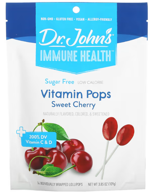 Dr. John's Healthy Sweets, Immune Health, Vitamin Pops, + 200% DV Vitamin C & D, Sweet Cherry, Sugar Free, 14 Individually Wrapped Lollipops