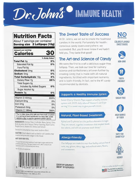 Dr. John's Healthy Sweets, Immune Health, Vitamin Pops, + 200% DV Vitamin C & D, Sweet Cherry, Sugar Free, 14 Individually Wrapped Lollipops